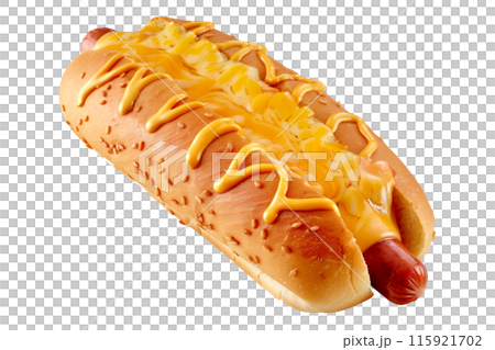Classic hot dog with ketchup and mustard on a soft bun a isolated on white transparent background 115921702