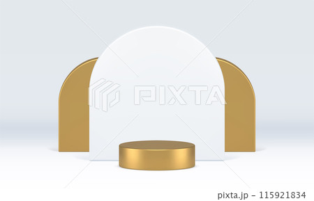 3d golden cylinder podium with white semi circle wall background realistic vector illustration 115921834