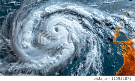 Hurricane over the ocean, satellite view. High quality illustration 115921872