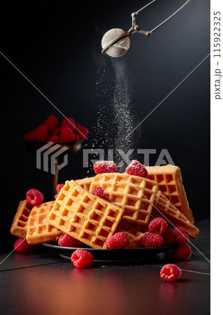 Waffles with raspberries on a black background. Waffles with raspberries on a black background. 115922325