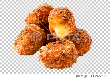 Closeup of golden and crispy Cheese-Stuffed chicken nuggets isolated on a white transparent background 115922359
