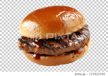 BBQ Burger with fresh tomato, lettuce and onion in a brioche bun isolated on transparent white background 115922392