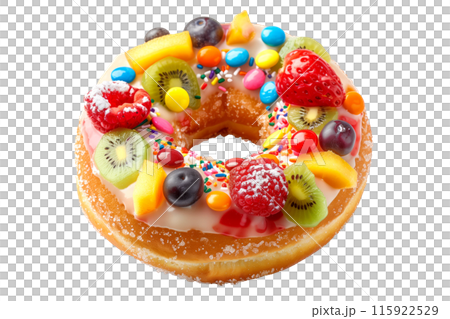 Closeup view of donut topped with fresh kiwi, strawberry, and assorted berries isolated on white transparent background. 115922529