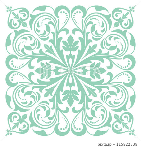 Floral pattern. Vintage wallpaper in the Baroque style. Seamless vector background. White and green ornament for fabric, wallpaper, packaging. Ornate Damask flower ornament Floral pattern. Vintage wallpaper in the Baroque style. Seamless vector background. White and green ornament for fabric, wallpaper, packaging. Ornate Damask flower ornament 115922539