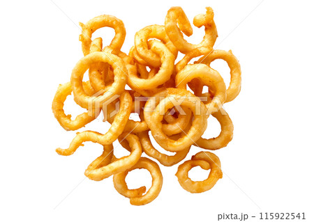 Crispy Curly French fries isolated on white transparent background, perfect for snacking, quick and tasty treat 115922541