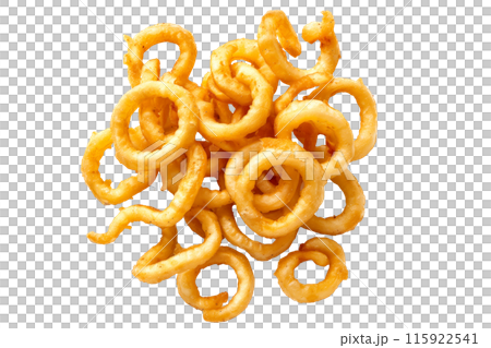 Crispy Curly French fries isolated on white transparent background, perfect for snacking, quick and tasty treat 115922541