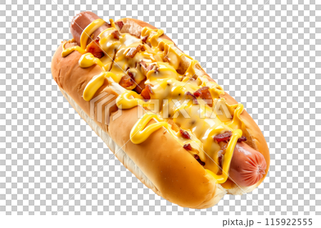 Classic hot dog with ketchup and mustard on a soft bun a isolated on white transparent background 115922555