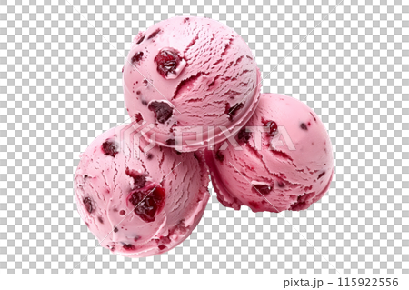 Scoops of sweet and creamy cherry flavored pink ice cream isolated on white transparent background 115922556