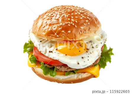 Cheeseburger with Fried Egg, Lettuce, Tomato, and Pickles on Sesame Bun isolated white background 115922603