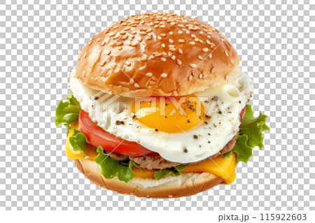 Cheeseburger with Fried Egg, Lettuce, Tomato, and Pickles on Sesame Bun isolated white background 115922603