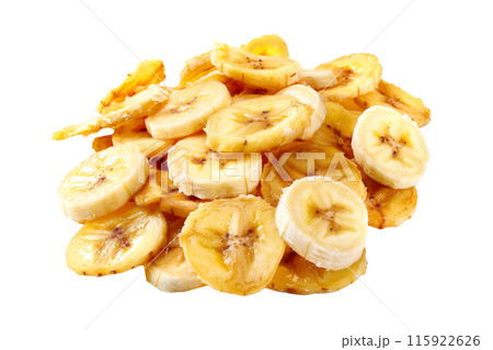 A closeup view pile of crispy banana chips snack isolated on white, perfect for snacking and part of a healthy diet 115922626