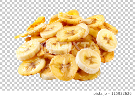 A closeup view pile of crispy banana chips snack isolated on white, perfect for snacking and part of a healthy diet 115922626