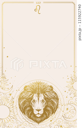Leo zodiac sign with lion head illustration in gold on a beige background. Astrological vector template with copy space for design and print. Horoscope and celestial concept. Leo zodiac sign with lion head illustration in gold on a beige background. Astrological vector template with copy space for design and print. Horoscope and celestial concept. 115922740