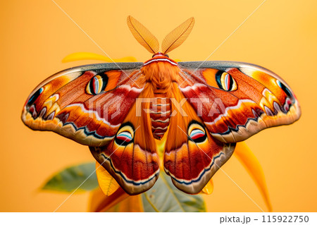 A vibrant Atlas moth butterfly, wing with eye-like markings and orange-brown hues rests on bold yellow background A vibrant Atlas moth butterfly, wing with eye-like markings and orange-brown hues rests on bold yellow background 115922750