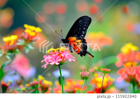 Beautiful Black and Red butterfly rests among the foliage of a garden Beautiful Black and Red butterfly rests among the foliage of a garden 115922840