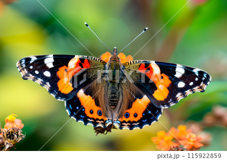 Beautiful black, yellow and orange butterfly rests among the foliage of a garden 115922859