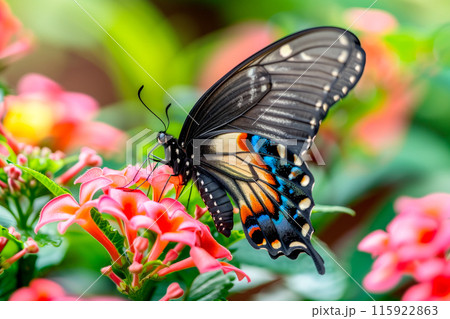 Beautiful Blue Morpho butterfly rests among the foliage of a garden Beautiful Blue Morpho butterfly rests among the foliage of a garden 115922863