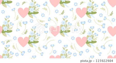 Romantic floral seamless pattern. Gently blue flowers and leaves with heart on white background. Vector horizontal illustration Romantic floral seamless pattern. Gently blue flowers and leaves with heart on white background. Vector horizontal illustration 115922984
