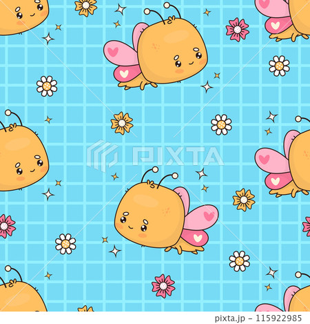 Seamless pattern with funny flying butterfly on checkered blue background with flowers. Vector illustration. Cartoon insect kawaii character. Kids collection. Seamless pattern with funny flying butterfly on checkered blue background with flowers. Vector illustration. Cartoon insect kawaii character. Kids collection. 115922985