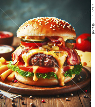 Burger with beef, cheese, onion, tomatoes and cucumber on a black plate. Dark background. 115922994