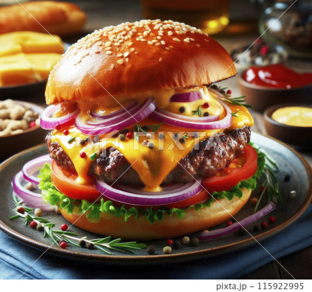 Burger with beef, cheese, onion, tomatoes and cucumber on a black plate. Dark background. 115922995