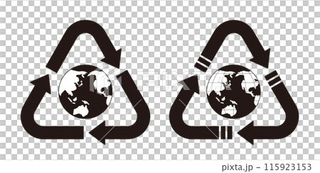 An environmental illustration set with a black and white globe with the ocean filled in and a triangle surrounded by three arrows 115923153
