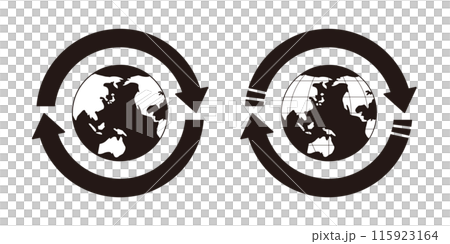 Set of environment, economy and logistics illustrations with two arrows encircling a black and white globe with the ocean filled in 115923164