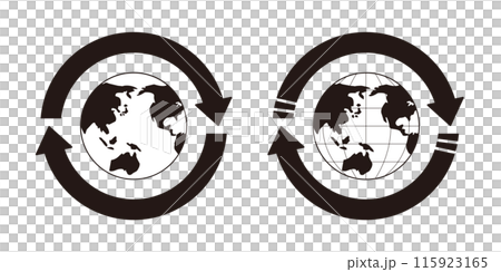Environment, economy and logistics illustration set with two arrows encircling a black and white globe with filled-in continents 115923165