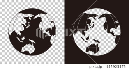 一個充滿海洋的地球儀。具有透明背景的世界地圖。地球以太平洋為中心,有緯度和經度。 一個充滿海洋的地球儀。具有透明背景的世界地圖。地球以太平洋為中心,有緯度和經度。 115923173