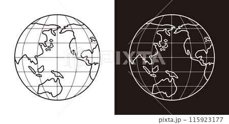 線で描かれた背景が透明の世界地図。緯線と経線が入った太平洋を中心とした地球。 線で描かれた背景が透明の世界地図。緯線と経線が入った太平洋を中心とした地球。 115923177