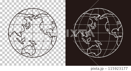 線で描かれた背景が透明の世界地図。緯線と経線が入った太平洋を中心とした地球。 線で描かれた背景が透明の世界地図。緯線と経線が入った太平洋を中心とした地球。 115923177