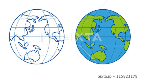 青い線の世界地図と緑と青の世界地図のセット。太平洋を中心とした緯線と経線の入った手書き風の地球儀。 青い線の世界地図と緑と青の世界地図のセット。太平洋を中心とした緯線と経線の入った手書き風の地球儀。 115923179