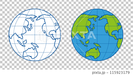 青い線の世界地図と緑と青の世界地図のセット。太平洋を中心とした緯線と経線の入った手書き風の地球儀。 青い線の世界地図と緑と青の世界地図のセット。太平洋を中心とした緯線と経線の入った手書き風の地球儀。 115923179