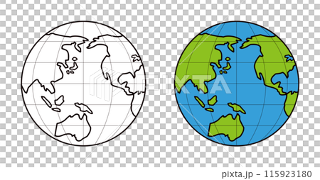 一套黑線世界地圖和綠色和藍色世界地圖。一個以太平洋為中心的緯度和經度的地球儀。 115923180
