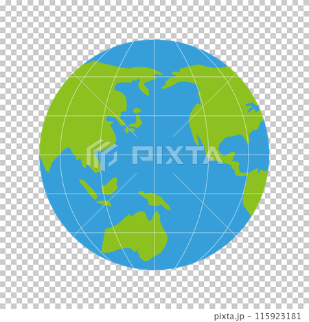 綠色和藍色的世界地圖。一個以太平洋為中心的簡單地球儀，具有細小的白色緯度和經線。 115923181