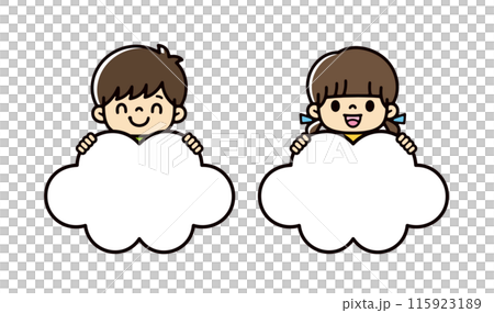 可愛的男女兒童插圖集，帶有雲形橫幅，用於文字、橫幅和廣告 115923189