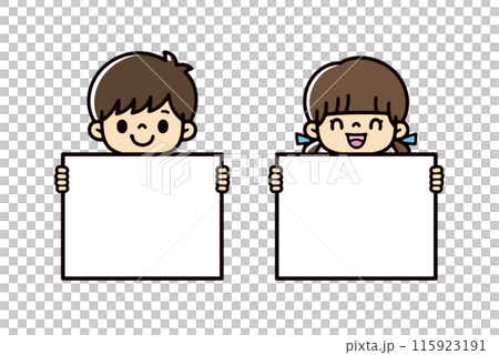 插圖集可愛的男女兒童，帶有空白橫幅，用於文字、橫幅和廣告 115923191