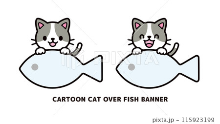 魚の形の看板を持つかわいい猫のイラストセットのイラスト素材