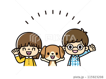 ペットのビーグル犬と笑顔で手を振るアジア人の子供たちのイラスト 115923208