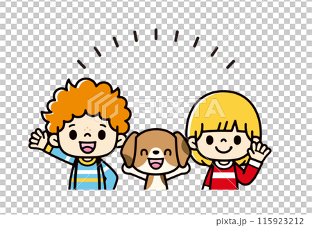 可愛的孩子們微笑著和他們的寵物小獵犬揮手的插圖 115923212