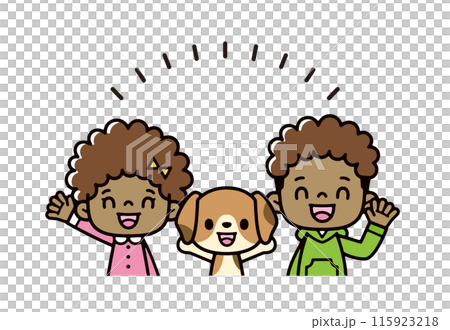 ペットのビーグル犬と笑顔で手を振るアメリカ人の子供たちのイラスト 115923218