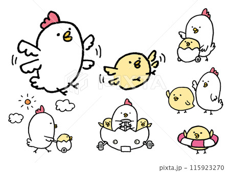 線画の丸っこくてかわいいにわとりの親子 115923270
