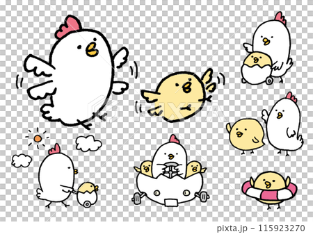線画の丸っこくてかわいいにわとりの親子 115923270