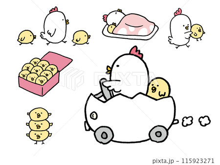 線画の丸っこくてかわいいにわとりの親子 115923271