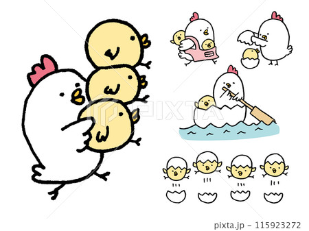 線画の丸っこくてかわいいにわとりの親子 115923272