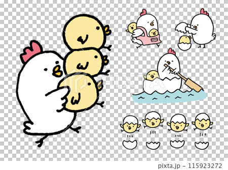 圓形可愛的雞父母和孩子的線條畫 115923272