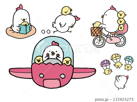 線画の丸っこくてかわいいにわとりの親子 115923273