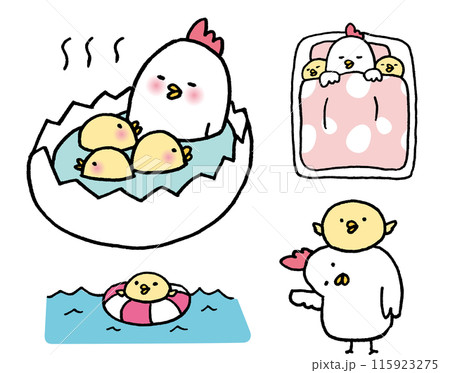 線画の丸っこくてかわいいにわとりの親子 線画の丸っこくてかわいいにわとりの親子 115923275