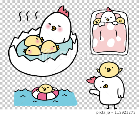 A cute, round line drawing of a parent and child chicken A cute, round line drawing of a parent and child chicken 115923275