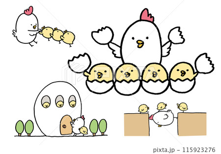 線画の丸っこくてかわいいにわとりの親子 115923276